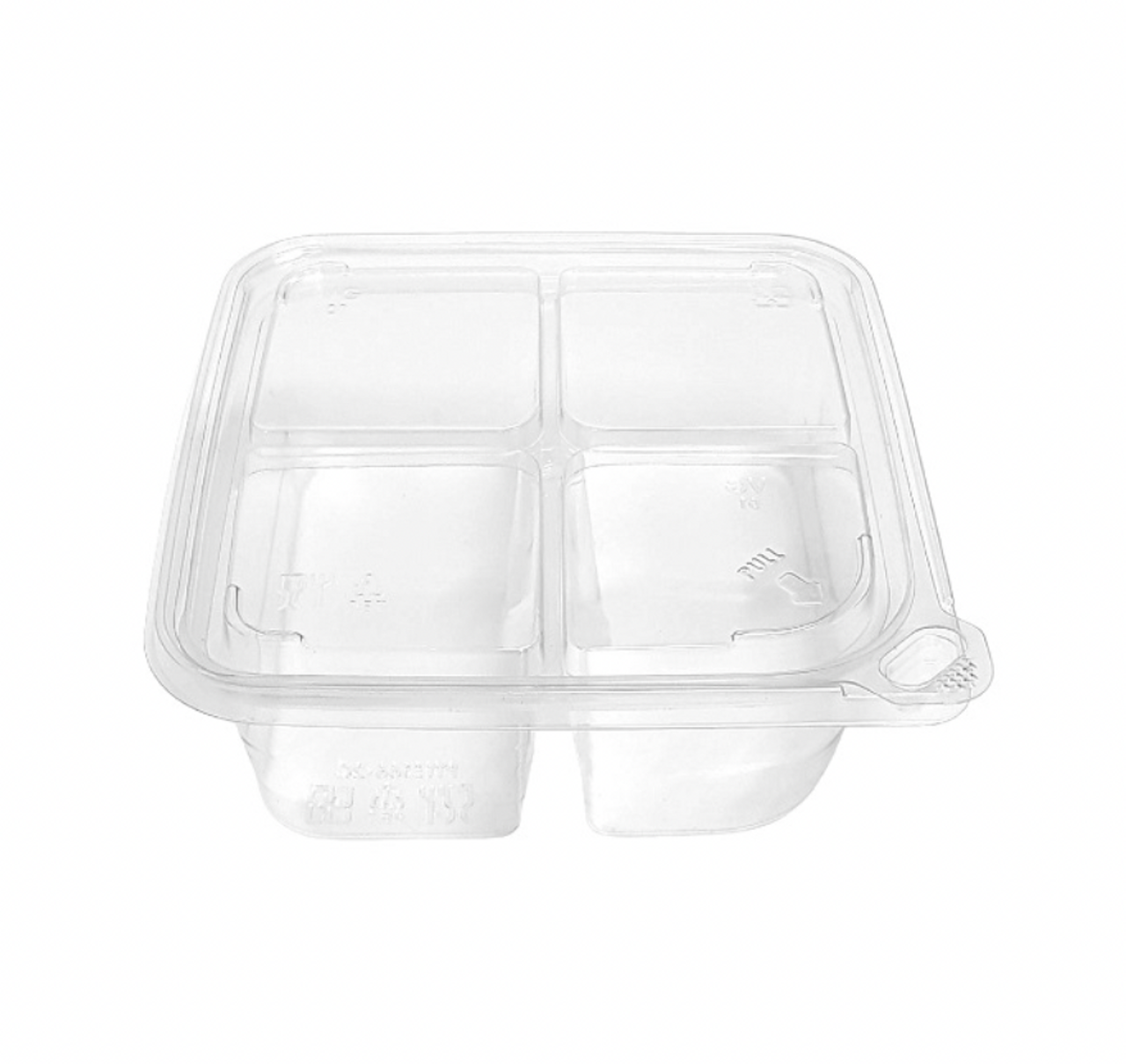 6x6 Tamper Evident 4 Compartment Clear RPET Snack Box Container & Lid  (4/75/Case)