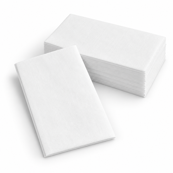Solex white linen-like disposable dinner napkin beside a neatly folded stack