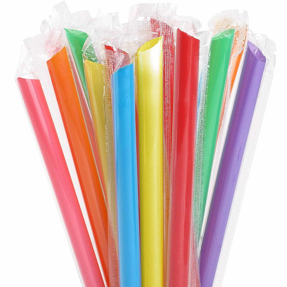Solex 9-inch individually wrapped mixed neon color boba straws with pointed tips — 40 packs of 40, 1,600 per case