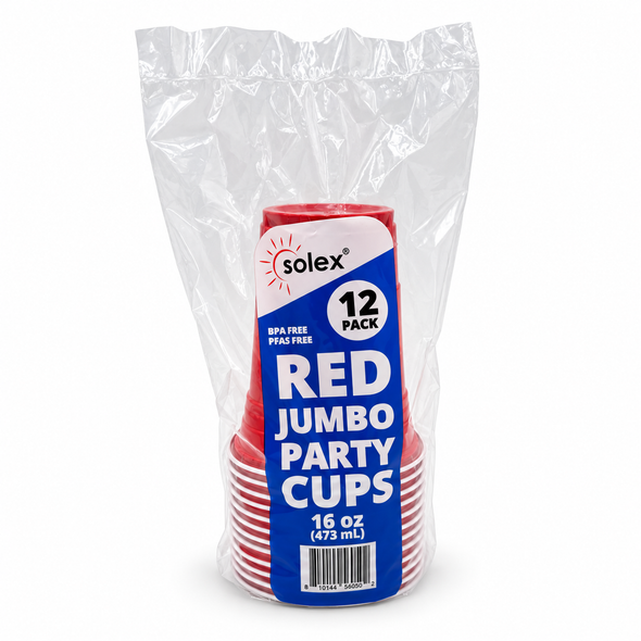 Solex 16 oz red jumbo party cups in branded 12-pack retail bag