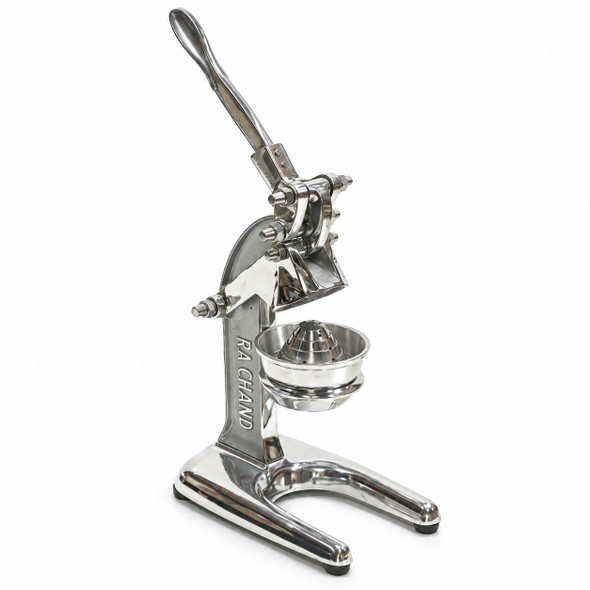 Ra Chand J500 manual citrus juicer with raised lever and polished metal countertop base