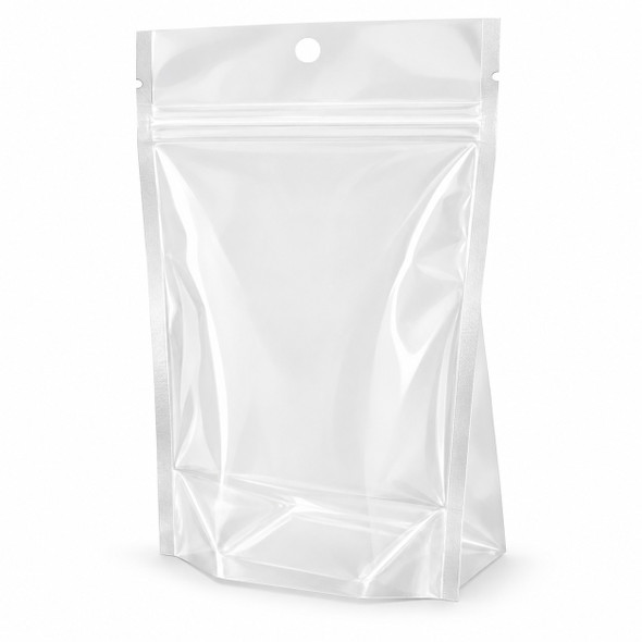 Clear resealable stand-up pouch with hang hole and bottom gusset. Representative empty pouch; see listed dimensions for size.