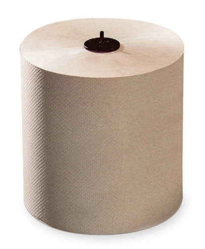 Natural Kraft 700-foot paper towel roll with black end plug for compatible Tork Matic dispensers; 6 rolls per case