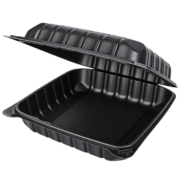 9x9 inch black MFPP hinged container with 1 compartments