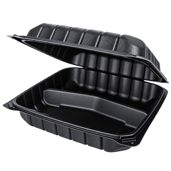 9x9 inch black MFPP hinged container with 3 compartments
