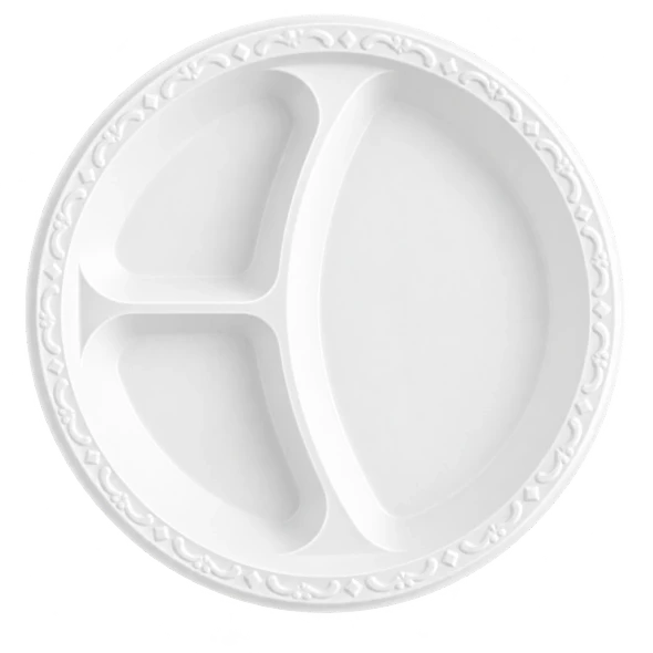 10 inch white MFPP plate with three compartments and embossed rim