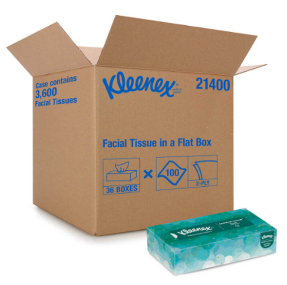Kleenex 2 Ply Facial Tissue, Flat Box, 100 Sheets (36/Case)