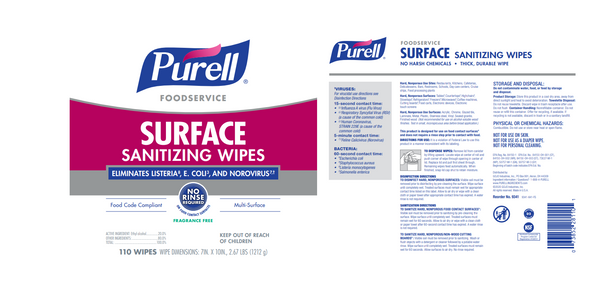 Purell Foodservice Surface Sanitizing Wipes, No Rinse, Fragrance-Free, (110/Jug)