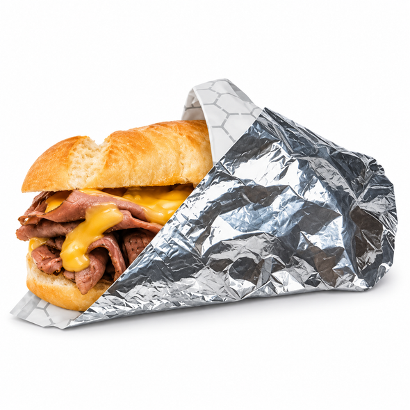 Solex silver insulated honeycomb foil wrap around a deli sandwich; food shown as a serving suggestion