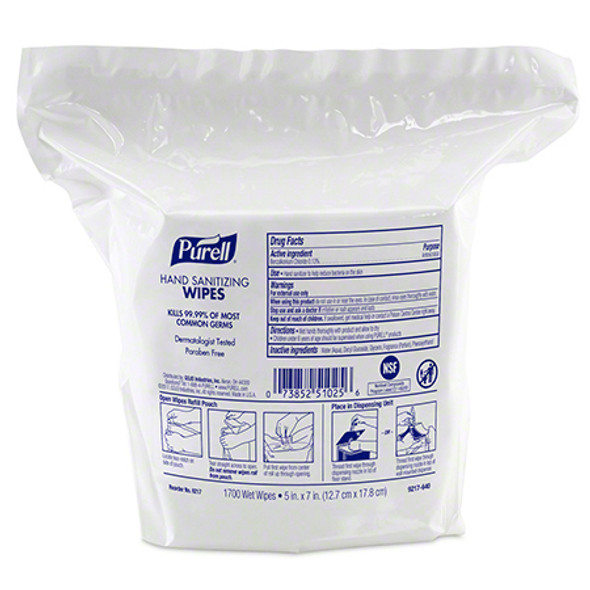 Purell 9517 Hand Sanitizing Wipes, High Capacity Refill Pouch (1700/Bag)