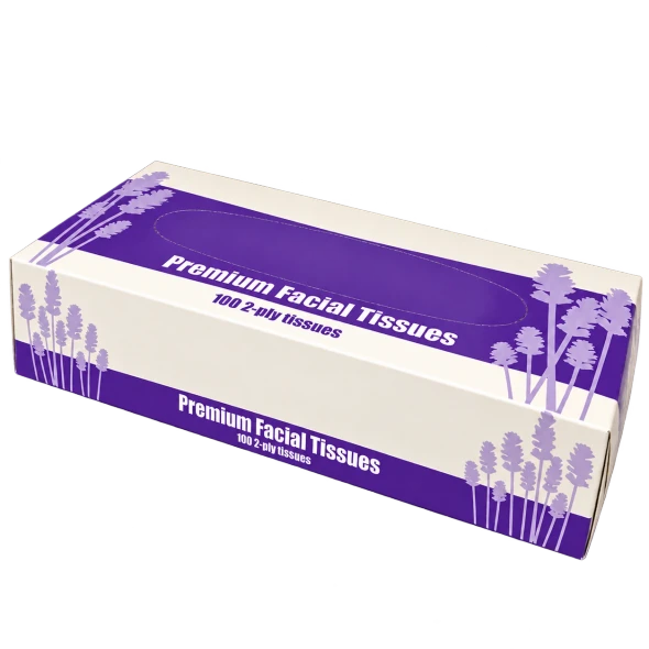 2-ply white facial tissue, 100 sheets — front carton view