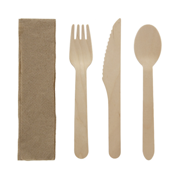 Wooden Fork/Spoon/Knife & Kraft Napkin Kit (250/Case)