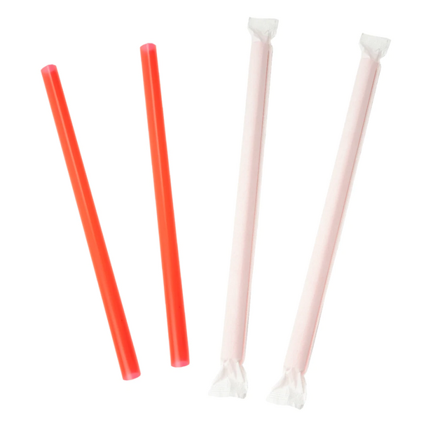 8.5" Wrapped Red Colossal Boba Straws, 12mm, Flat Ends (4/500/Case)
