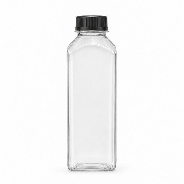16 oz clear square PET juice bottle with included black screw cap