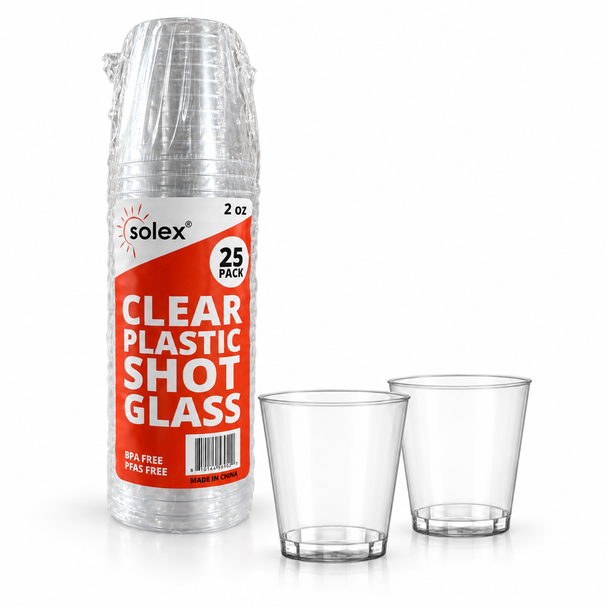 Solex retail 25-pack of 2 oz clear plastic shot cups beside two loose cups
