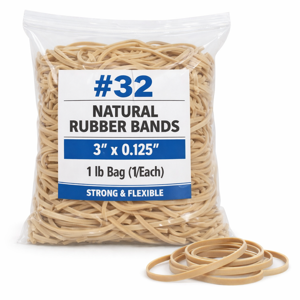#32 Natural Rubber Bands, 3 x 0.125", 1 lb Bag (1/Each)