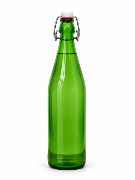 One-liter green glass swing-top bottle with wire-bail stopper