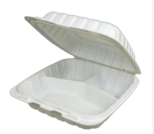 9x9" 3-Compartment White MFPP Hinged Container (150/Case)