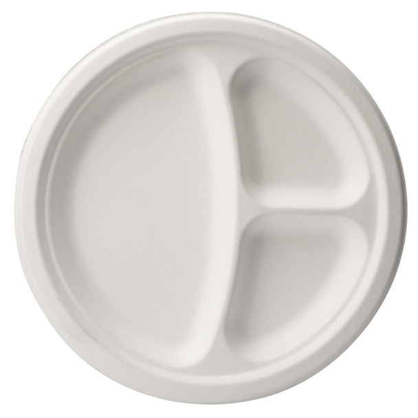 PL10-3 10" 3-Compartment White Round Sugarcane Fiber Plate (500/Case)