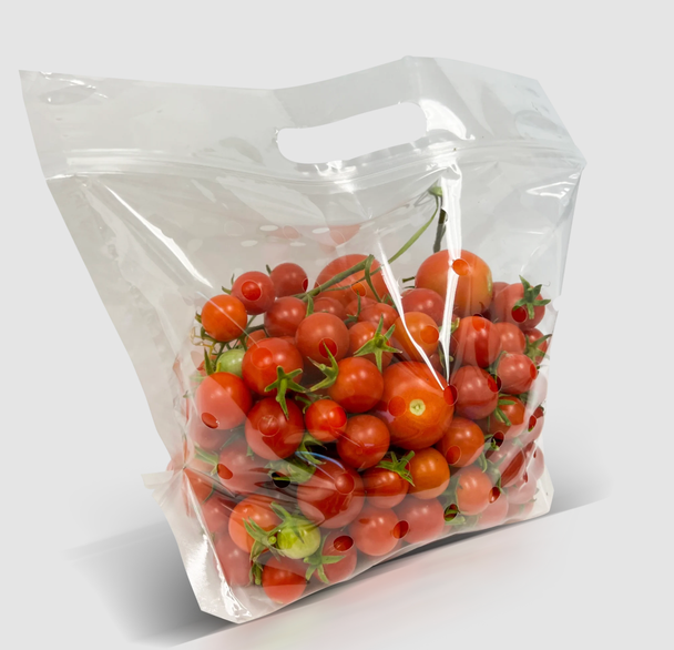 Clear vented 2 lb produce pouch with zipper closure and carry handle, shown filled with tomatoes; pouches sold empty, 1,000 per case