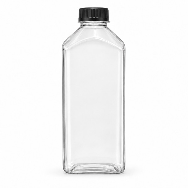32 oz Clear Square PET Juice Bottle with Black Cap — Illustrative Rendering