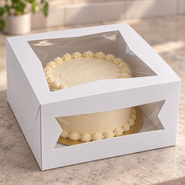 Solex 10x10x5 dual-window automatic cake box; cake and board shown for illustration and not included