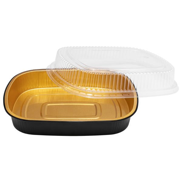 Medium Black & Gold Foil Pans with Clear Lids, 48 oz (50/Case)