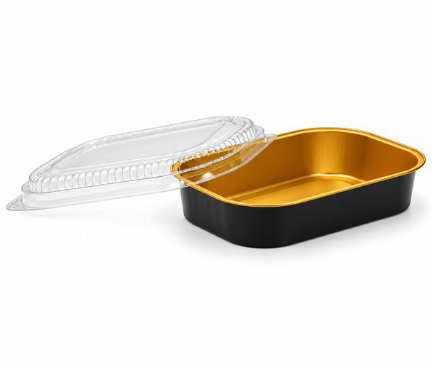 HFA 16 oz black and gold smoothwall pan with supplied clear dome lid