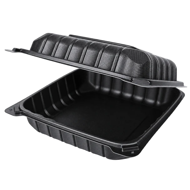 8x8 inch black MFPP hinged container with 1 compartment