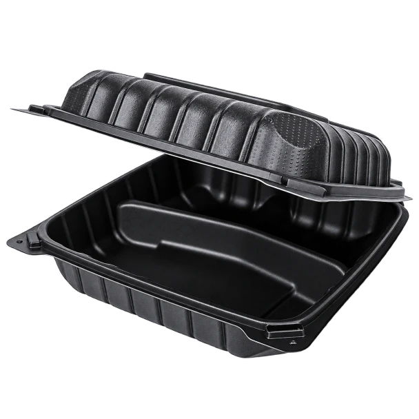 8x8 inch black MFPP hinged container with 3 compartments