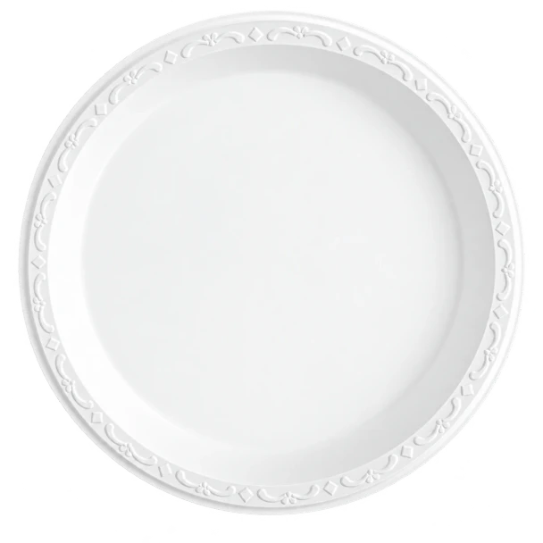 10 inch white single-compartment MFPP plate with embossed decorative rim