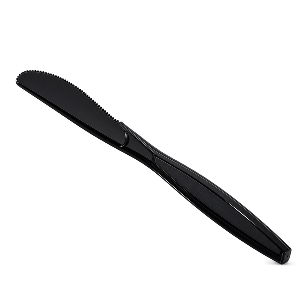 Extra heavy black plastic knife with serrated edge and molded handle