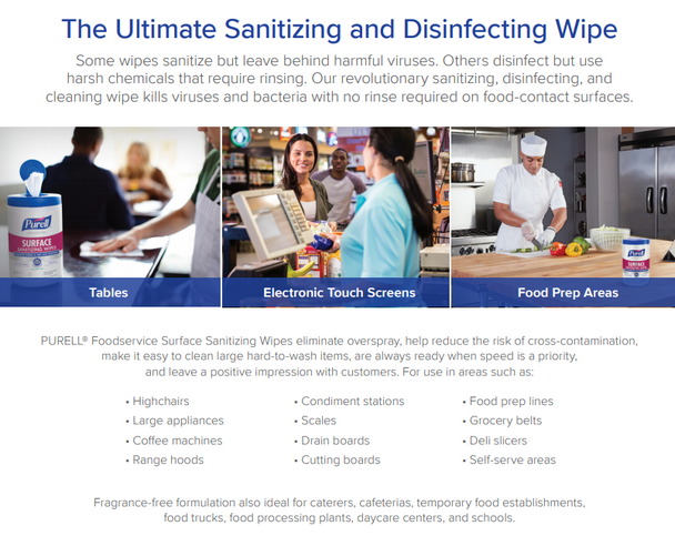 Purell Foodservice Surface Sanitizing Wipes, No Rinse, Fragrance-Free, (110/Jug)