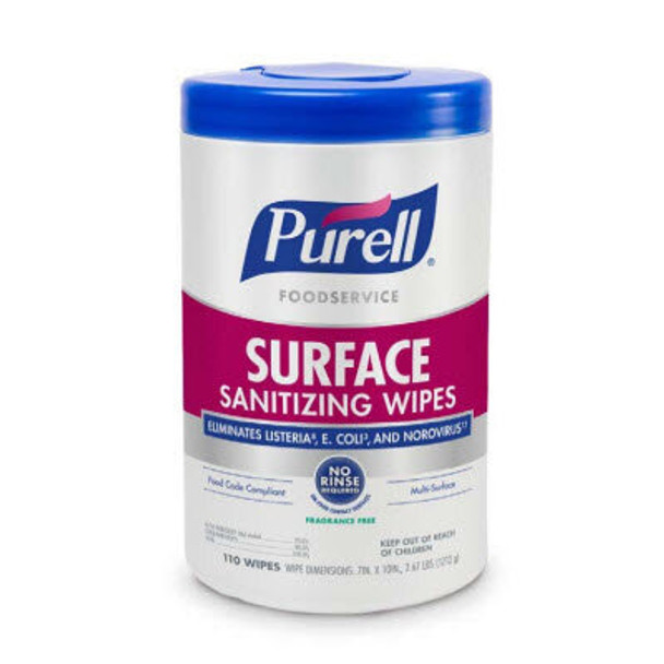 Purell Foodservice Surface Sanitizing Wipes, No Rinse, Fragrance-Free, (110/Jug)