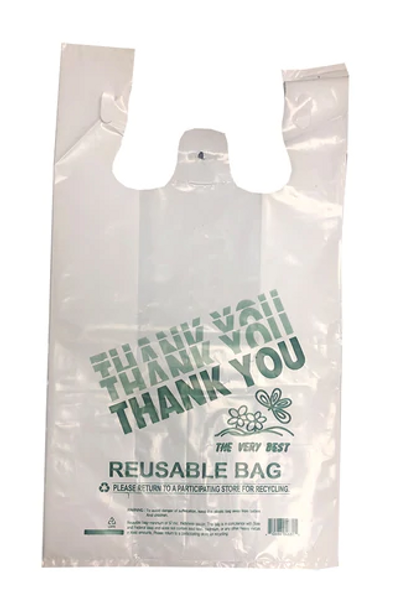 12x7x22" White Reusable Plastic T-Shirt Bags, 2.25 Mil/57 Mic "Thank You" (200/Case)