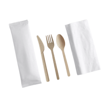 Agave Cutlery Kits with Fork, Knife, Spoon & Premium 2-Ply Napkin in Paper Bag (200/Case)