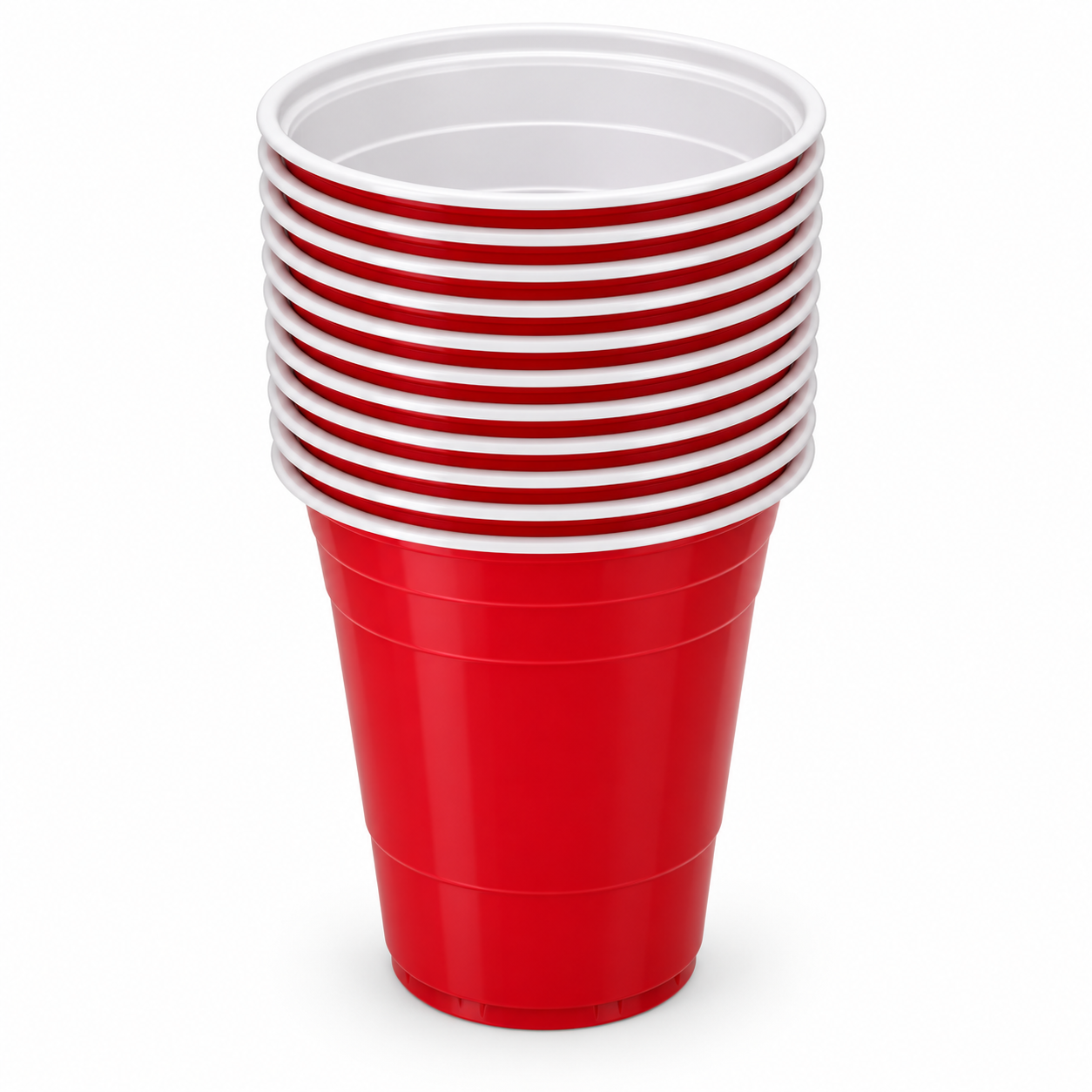 Stack of Solex 16 oz red party cups with white interiors