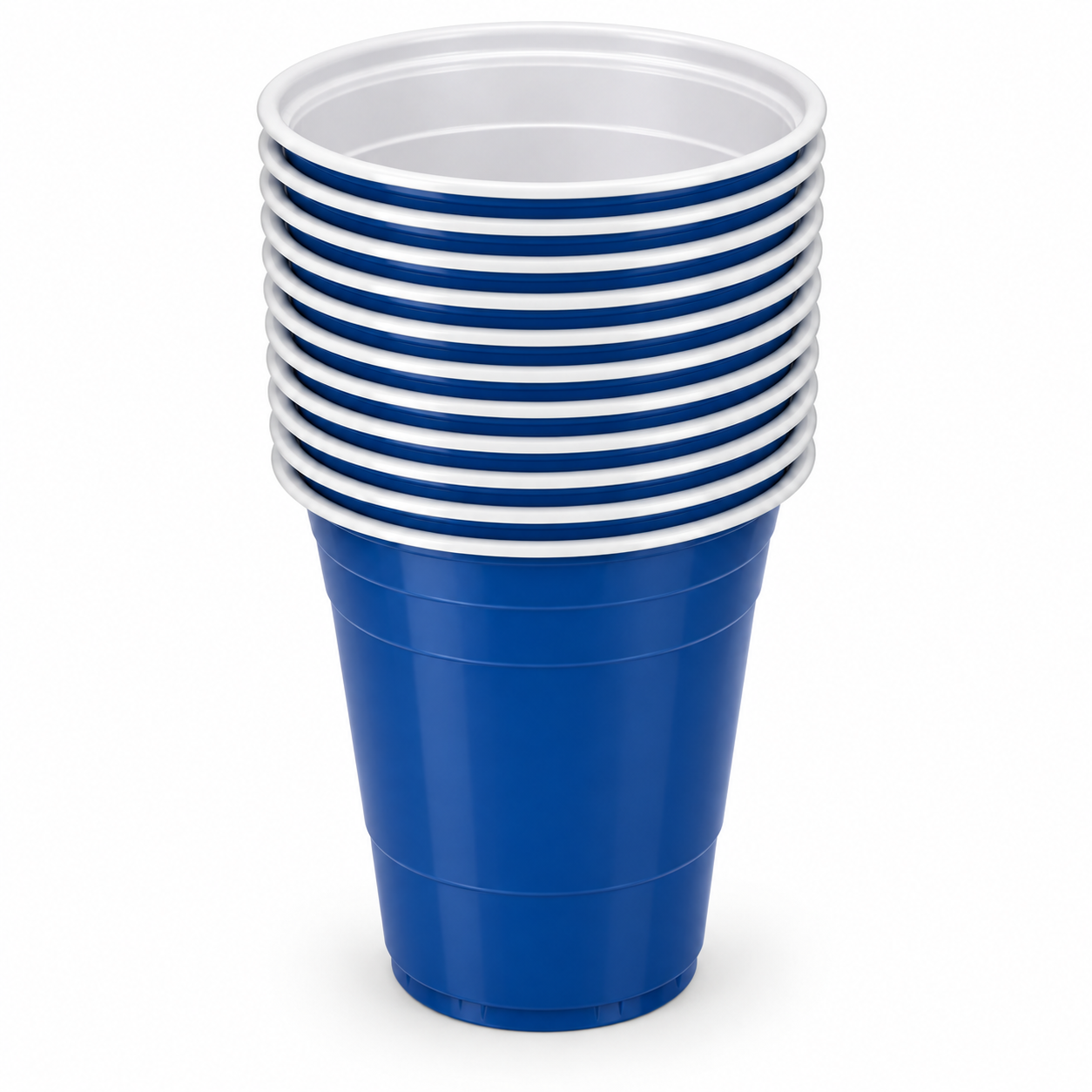 Stack of Solex 16 oz blue party cups with white interiors