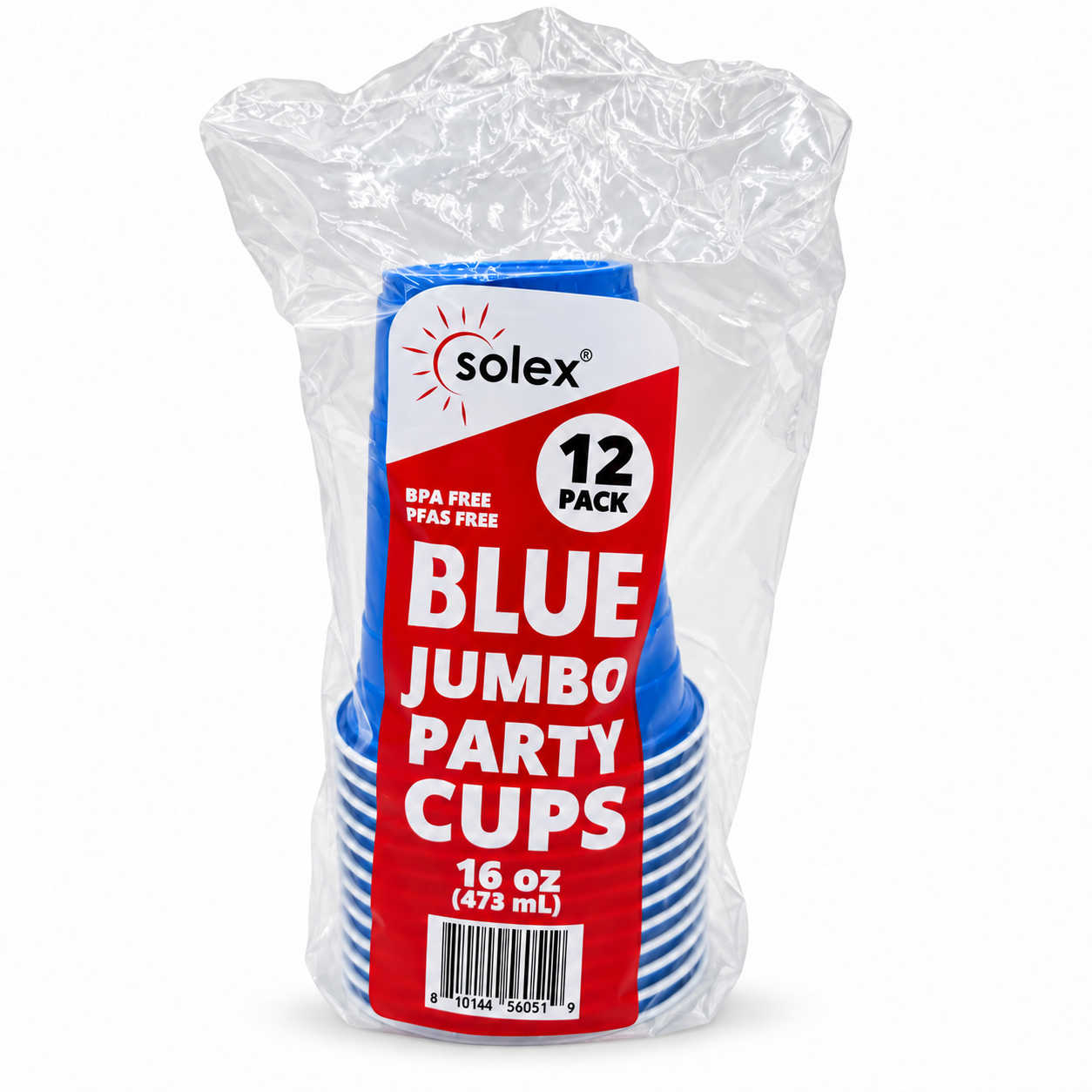 Solex branded retail bag containing 12 blue 16 oz jumbo party cups