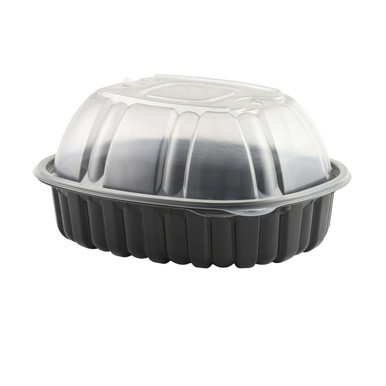 Choice 11 x 8 1/2 x 3 Microwaveable 2-Compartment Black / Clear Plastic  Hinged Container - 100/Case