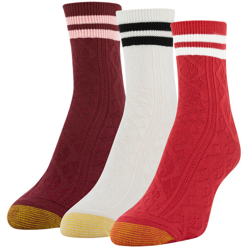 Women's Retro Stripe Cable Midi Crew Socks, 3 Pairs (Red, Ivory, Cabernet)