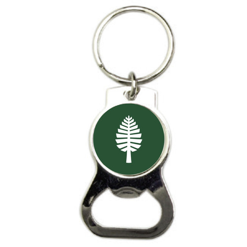 Dome bottle opener key chain with Dartmouth Lone Pine in green