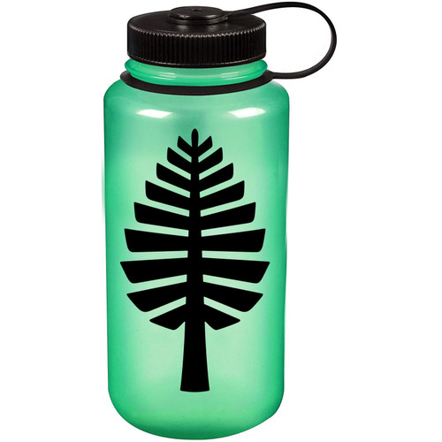 Green glow in the dark water bottle with big lone pine on the side