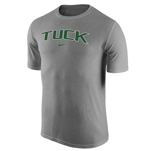 Men's Nike grey short sleeve tee with 'Tuck' across the chest in green and green Nike swoosh