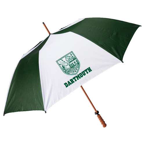Green and white golf umbrella with Dartmouth shield and 'Dartmouth' in green