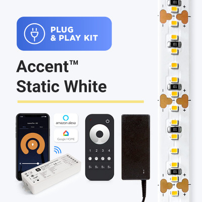 Accent Static White Plug-and-Play LED lighting kit with controller, power supply, smart home compatibility with Alexa and Google Home. Accent Static White Plug-and-Play LED lighting kit with controller, power supply, smart home compatibility with Alexa and Google Home.