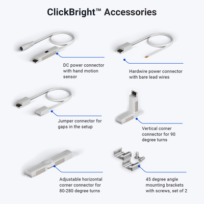 ClickBright accessories: DC power connector with hand motion sensor, hardwire power connector with bare lead wires, jumper connector for gaps in the setup, vertical corner connector for 90-degree turns, adjustable horizontal corner connector for 80-280 degree turns, and 45-degree angle mounting brackets with screws