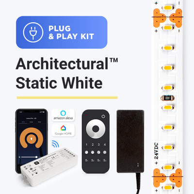 Architectural Static White Plug-and-Play LED lighting kit with controller, power supply, smart home compatibility with Alexa and Google Home Architectural Static White Plug-and-Play LED lighting kit with controller, power supply, smart home compatibility with Alexa and Google Home
