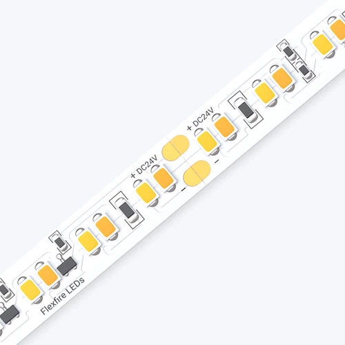High-resolution, diagonal close-up shot of the UltraBright™ Sienna Dim-to-Warm IP20 LED Strip showing precise solder points.