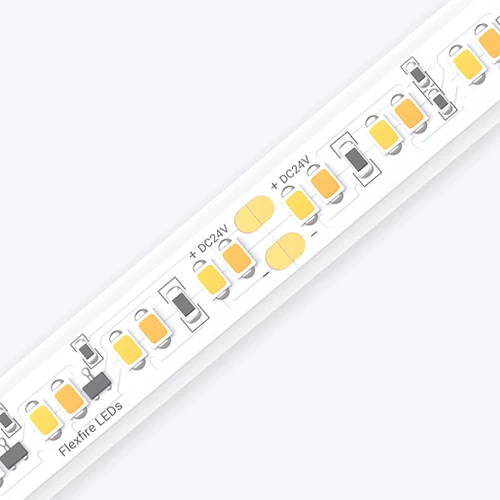 Diagonal close-up shot of the Outdoor UltraBright™ Sienna Dim-to-Warm IP65 LED Strip showing precise solder points.